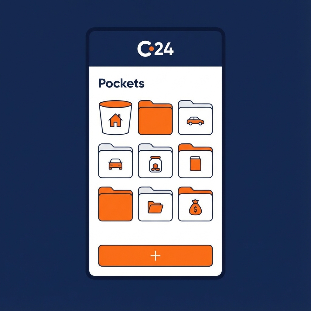 C24 Bank app interface showing pockets